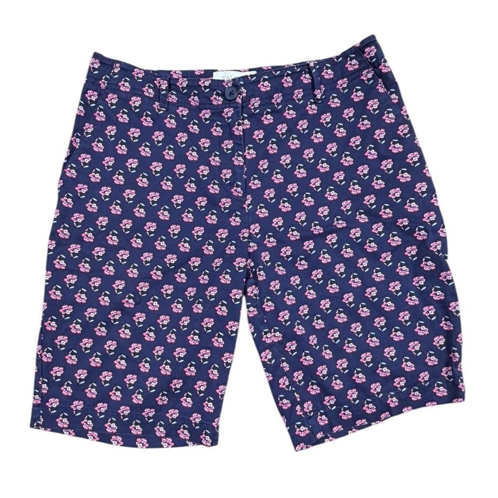 Talbots Petite Navy Pink Floral Bermuda Shorts Size 8P Cotton Stretch Chino